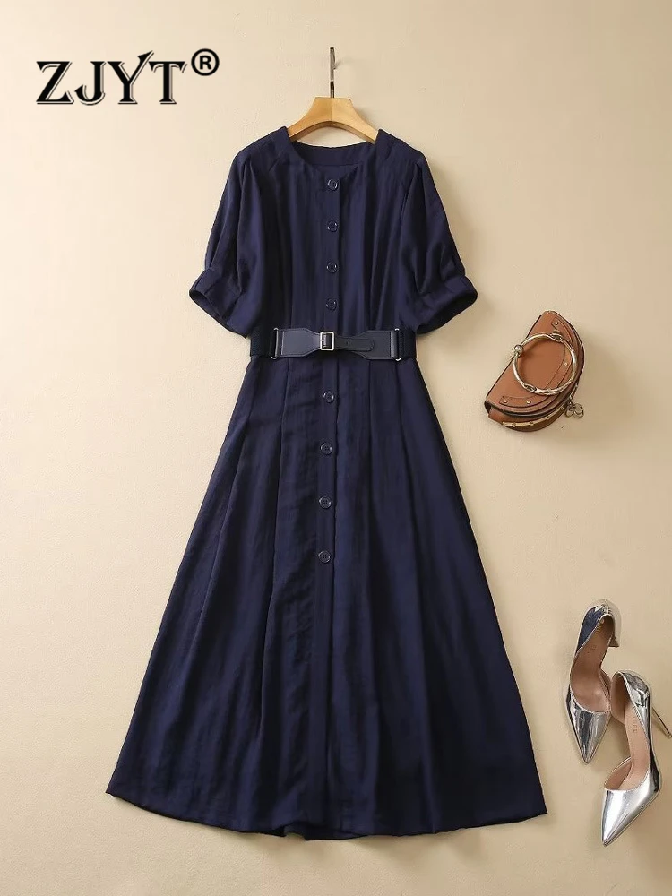 

ZJYT Summer Dark Blue Midi Shirt Dresses for Women 2023 New Short Sleeve Belt Single Breasted Casual Vestidos Simple Aline Robes