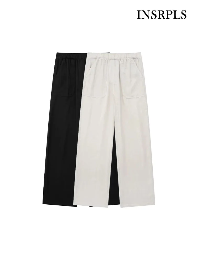 

INSRPLS Women Fashion Front Pockets Linen Wide Leg Pants Vintage High Waist With Elastic Waistband Female Trousers Mujer