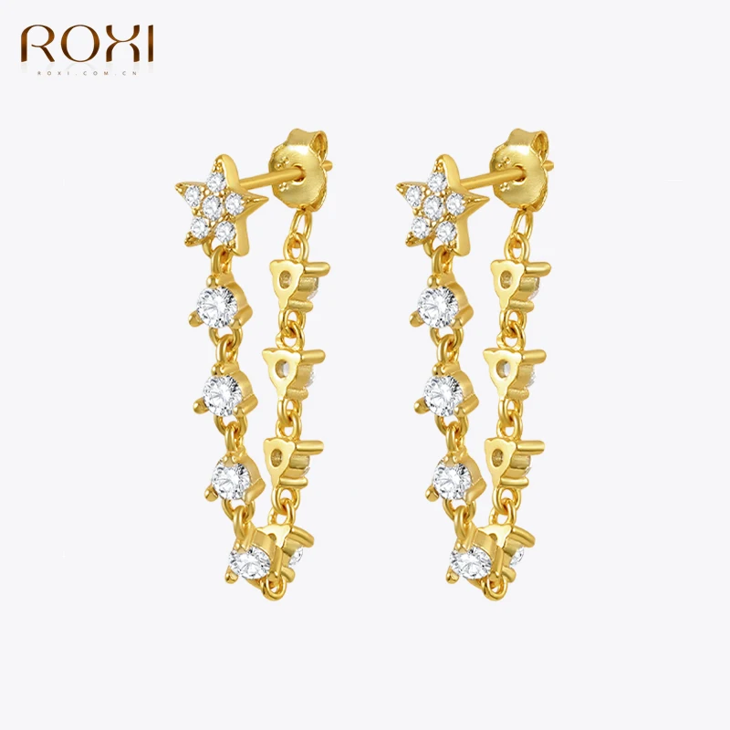 

ROXI INS Tassel Chain Star Zircons Pendant Stud Earrings For Women 925 Sterling Silver 1Pair Piercing Earrings Jewelry brincos