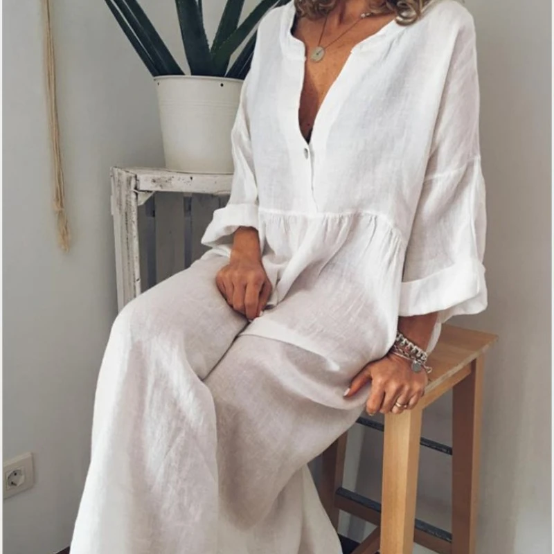 Dresses Women's 2023 New Loose Solid Color Cotton and Linen Long-sleeved V-neck Big Swing Dress Summer Dresses Vestidos De Mujer
Dresses Women's 2023 New Loose Solid Color Cotton and Linen Long-sleeved V-neck Big Swing Dress Summer Dresses Vestidos De Mujer