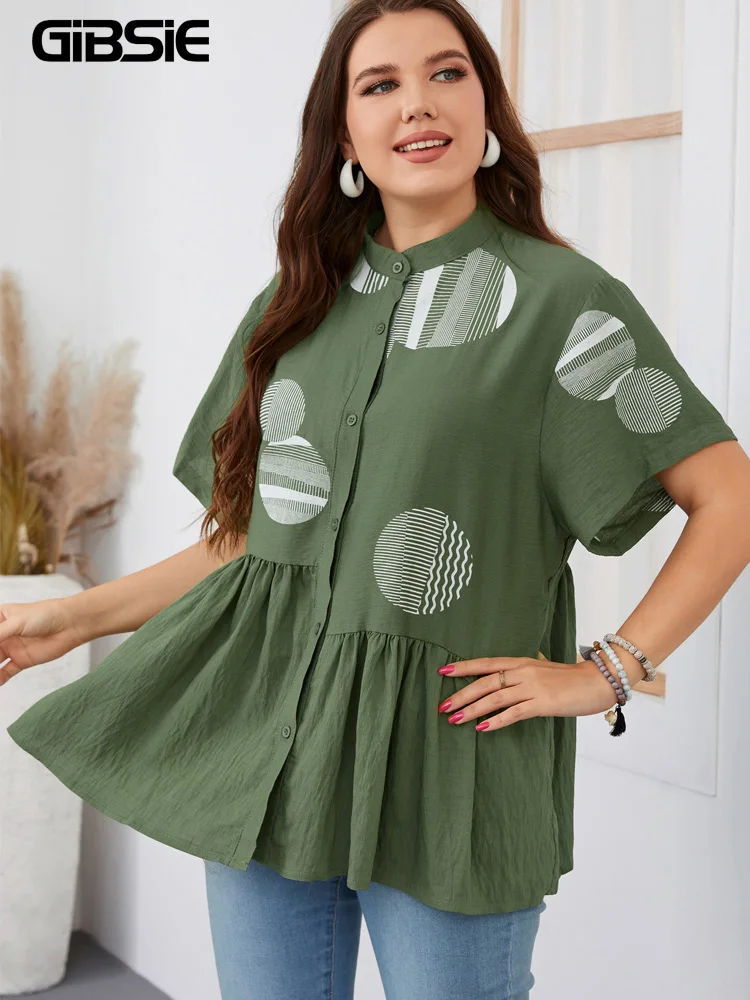 GIBSIE Plus Size Polka Dot Mock Neck Button Up Women Shirts Fashion Korean Summer Short Sleeve Shirt Women Casual Peplum Blouse
GIBSIE Plus Size Polka Dot Mock Neck Button Up Women Shirts Fashion Korean Summer Short Sleeve Shirt Women Casual Peplum Blouse