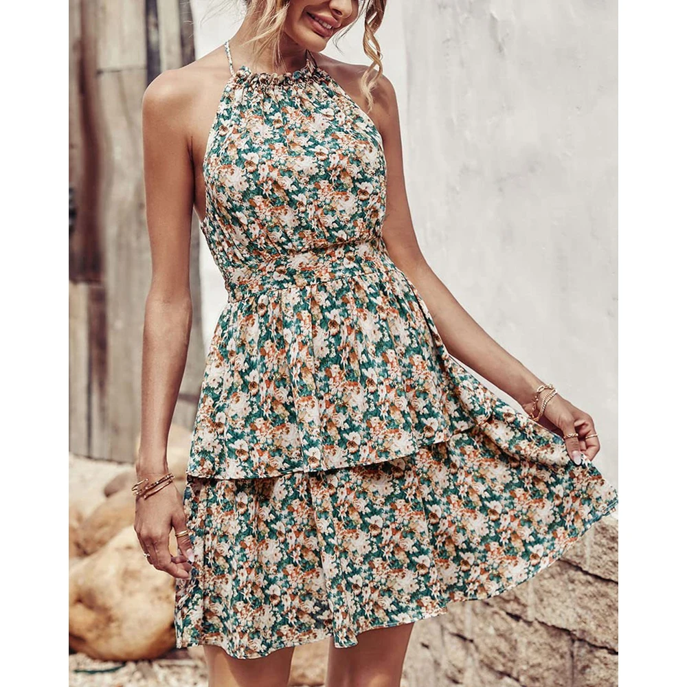 2023 Women Floral Print Ruffle Hem Layered Shirring Halter Sleeveless Casual Dress Female Summer Backless Korean Style Dress
2023 Women Floral Print Ruffle Hem Layered Shirring Halter Sleeveless Casual Dress Female Summer Backless Korean Style Dress