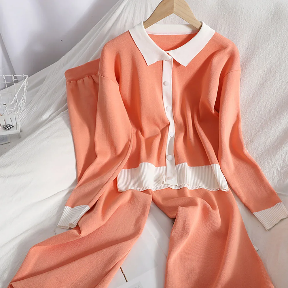 Spring Autumn Knitted Women Sets Fashion Panelled Single Breasted Knitted Top + High Waist Wild Wide Leg Pants Two Piece Suit
Spring Autumn Knitted Women Sets Fashion Panelled Single Breasted Knitted Top + High Waist Wild Wide Leg Pants Two Piece Suit