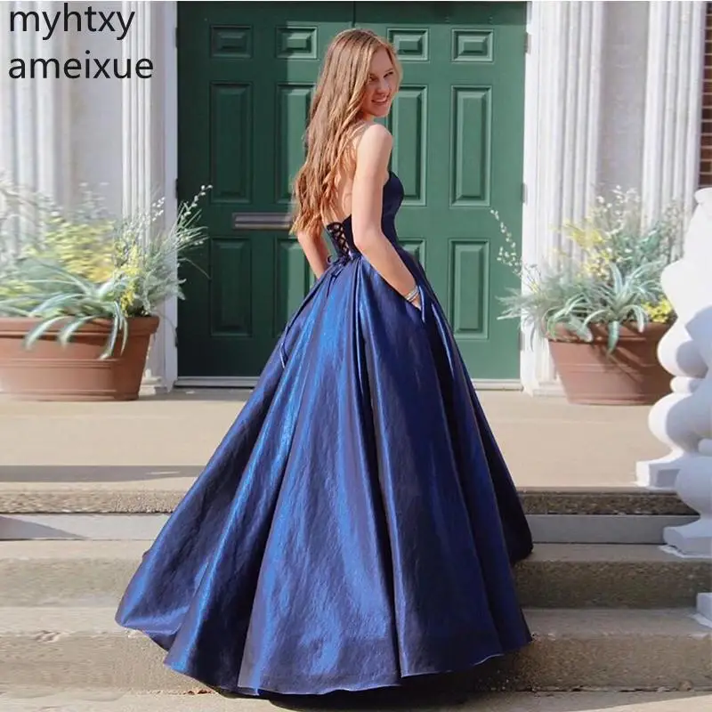 Sexy Event Sweetheart Long Prom Dress Custom Dark Navy Taffeta Simple Women Formal Party Lace Up Back Dress Elegant Plus Size 
Sexy Event Sweetheart Long Prom Dress Custom Dark Navy Taffeta Simple Women Formal Party Lace Up Back Dress Elegant Plus Size