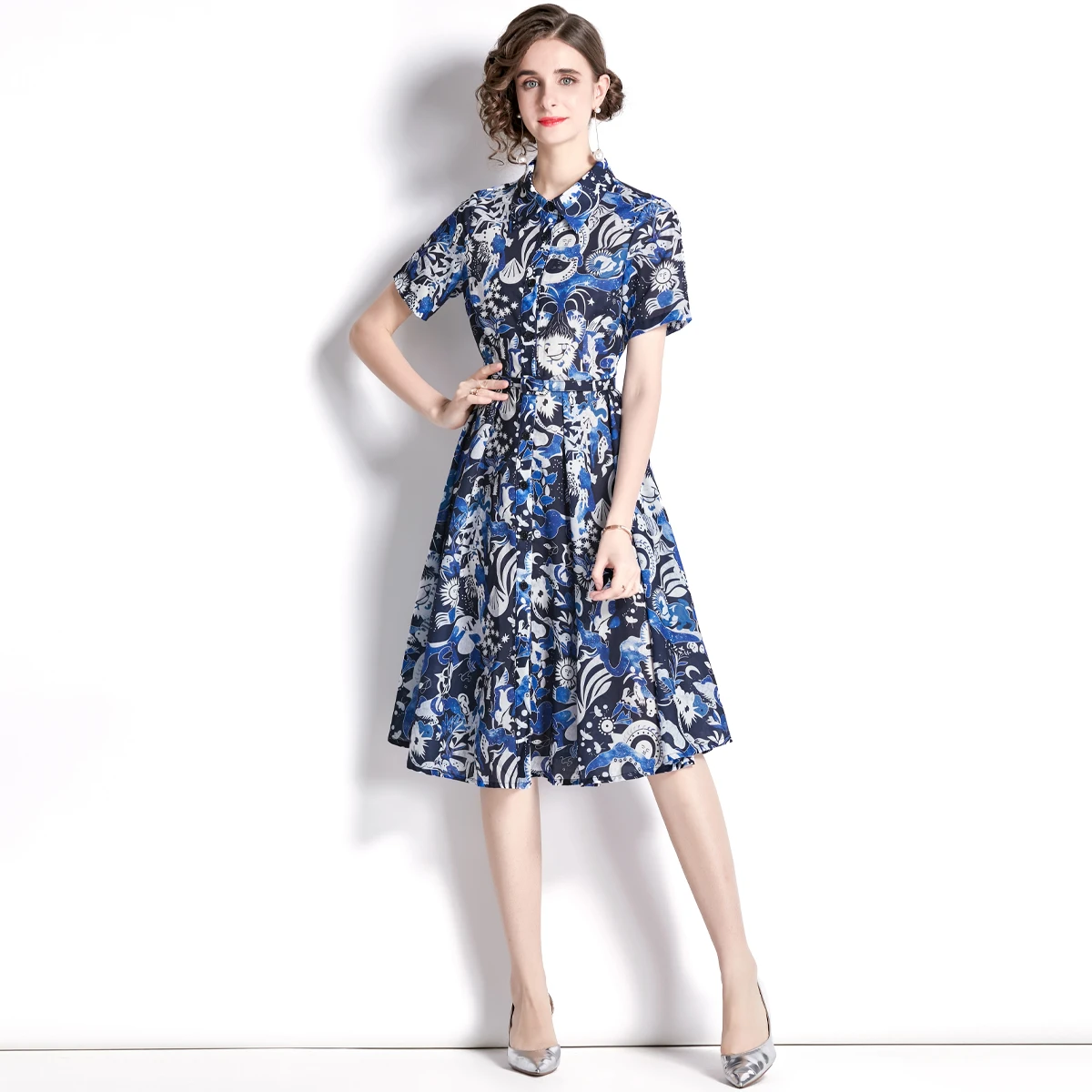 Polo Collar Short Sleeve Midi Dresses Blue Slim Printed Office Lady Above Knee, Mini Shirt Dress De Mujer Elegantes Para Fiesta
Polo Collar Short Sleeve Midi Dresses Blue Slim Printed Office Lady Above Knee, Mini Shirt Dress De Mujer Elegantes Para Fiesta