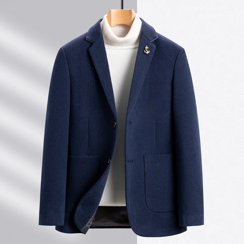 

Men Navy Blue Gray Khaki Wool Blend Blazers Spring Autumn Winter Classical Tailored Design Sheep Woolen Jacket Suit Male Outfits