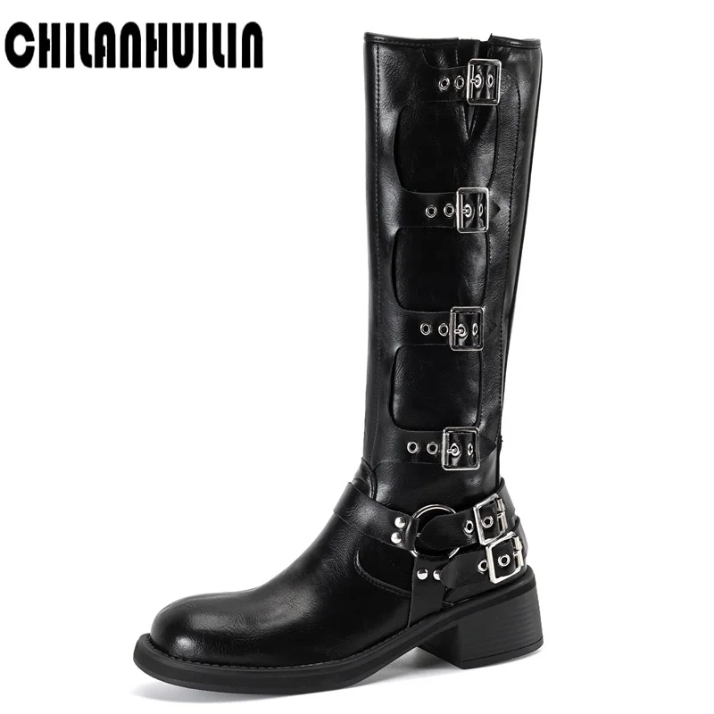 new classic genuine leather knee high boots for women punk style mid thick heels metal buckle riding boots autumn winter boots
new classic genuine leather knee high boots for women punk style mid thick heels metal buckle riding boots autumn winter boots