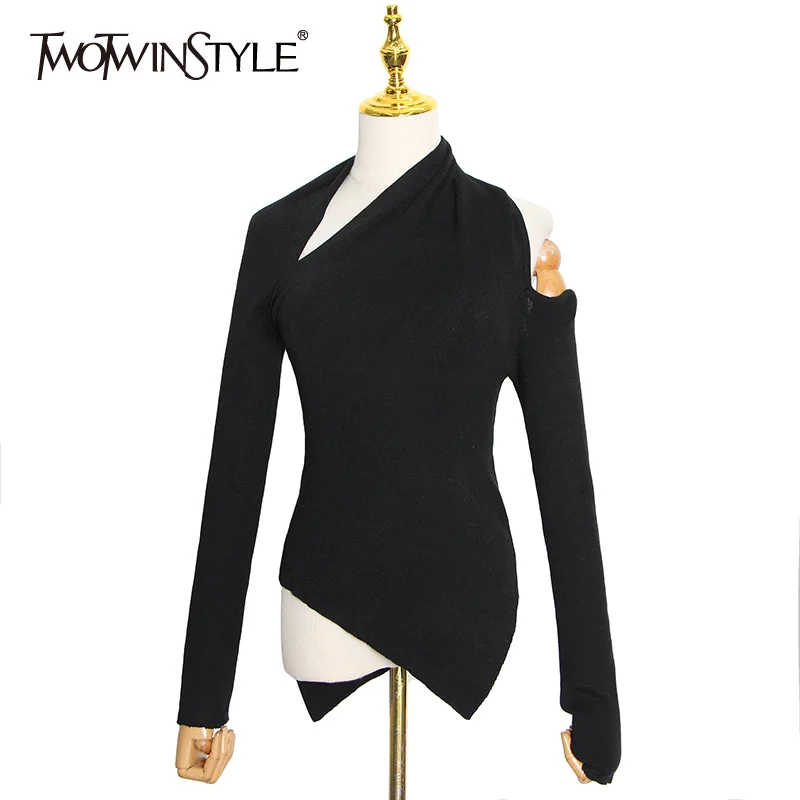 TWOTWINSTYLE Black Sweater For Women Irregular Collar Long Sleeve One Off Shouder Hollow Out Knitted Sweaters Female 2022 Style
TWOTWINSTYLE Black Sweater For Women Irregular Collar Long Sleeve One Off Shouder Hollow Out Knitted Sweaters Female 2022 Style