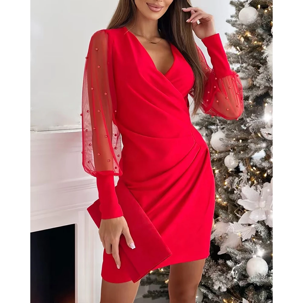 Autumn Spring Women Sheer Mesh Beaded Design Long Sleeve Party Dress Female Ruched Bodycon Elegant Red Dresses Korean Style
Autumn Spring Women Sheer Mesh Beaded Design Long Sleeve Party Dress Female Ruched Bodycon Elegant Red Dresses Korean Style