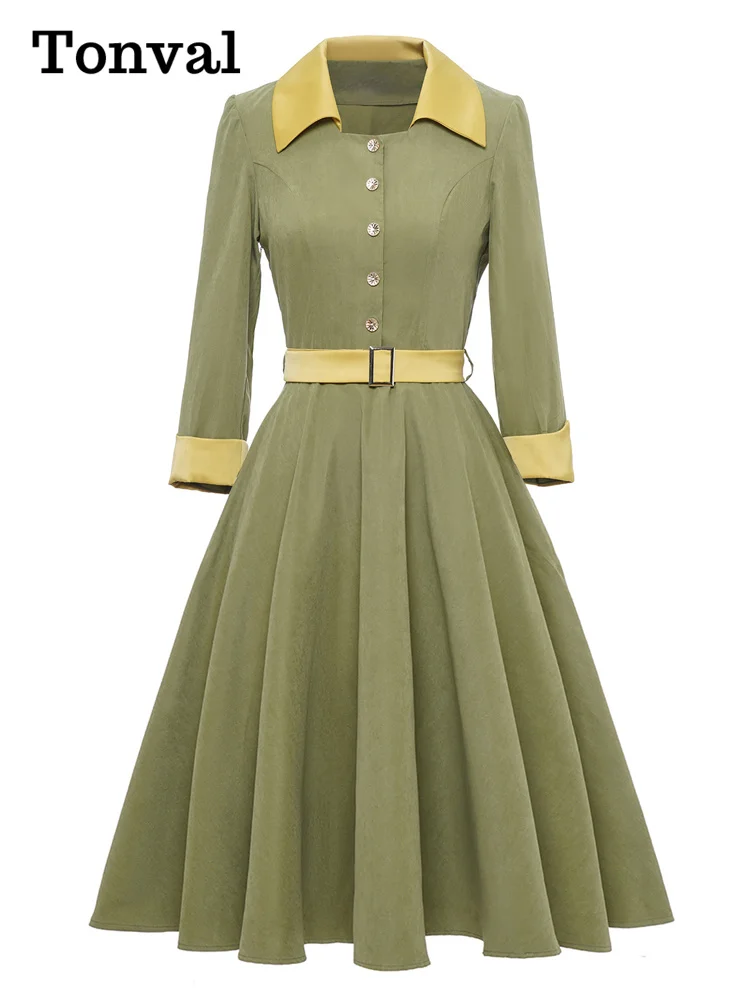 Tonval Green Elegant Vintage Dresses Three Quarter Sleeve High Waist Women Autumn Spring Belted Slim Midi Dress
Tonval Green Elegant Vintage Dresses Three Quarter Sleeve High Waist Women Autumn Spring Belted Slim Midi Dress