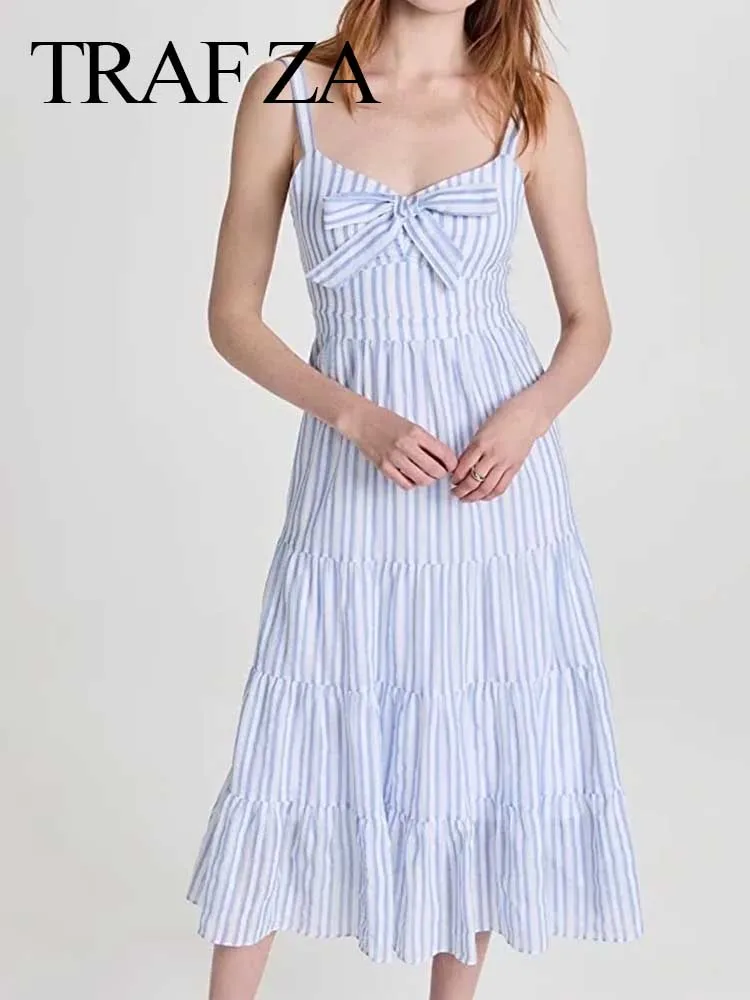 

TRAF ZA Elegant Sling Dress Blue White Vertical Stripes Tube Top Bow Slim Sexy Ruffle Hem Swing Skirt Sweet Cute Style Summer