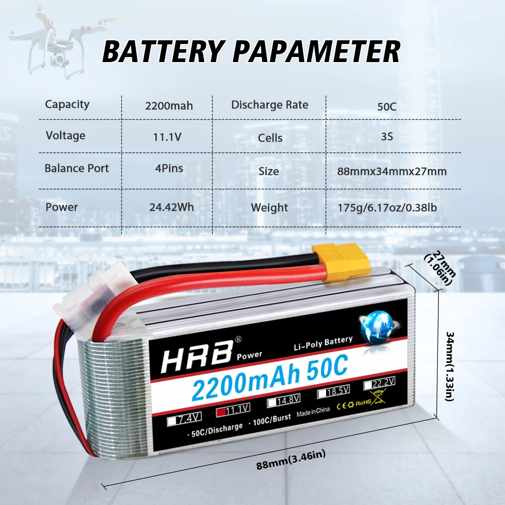 HRB model aircraft lithium battery 2200mAh/7.4V/11.1V/14.8V 50C drone four-axis xt60 plug
HRB model aircraft lithium battery 2200mAh/7.4V/11.1V/14.8V 50C drone four-axis xt60 plug