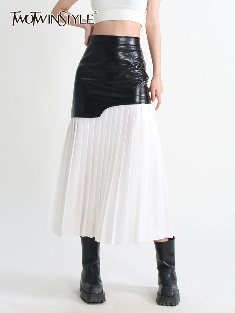 TWOTWINSTYLE Hit Color Patchwork PU Leather Skirts For Women High Waist Folds Elegant Temeprament Skirt Female Fashion Style New
TWOTWINSTYLE Hit Color Patchwork PU Leather Skirts For Women High Waist Folds Elegant Temeprament Skirt Female Fashion Style New