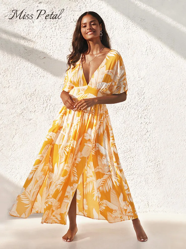 MISS PETAL Yellow Floral V-neck Maxi Dress For Woman Sexy Side Split Short Sleeve Beach Dress 2022 New Summer Sundress Vestidos
MISS PETAL Yellow Floral V-neck Maxi Dress For Woman Sexy Side Split Short Sleeve Beach Dress 2022 New Summer Sundress Vestidos