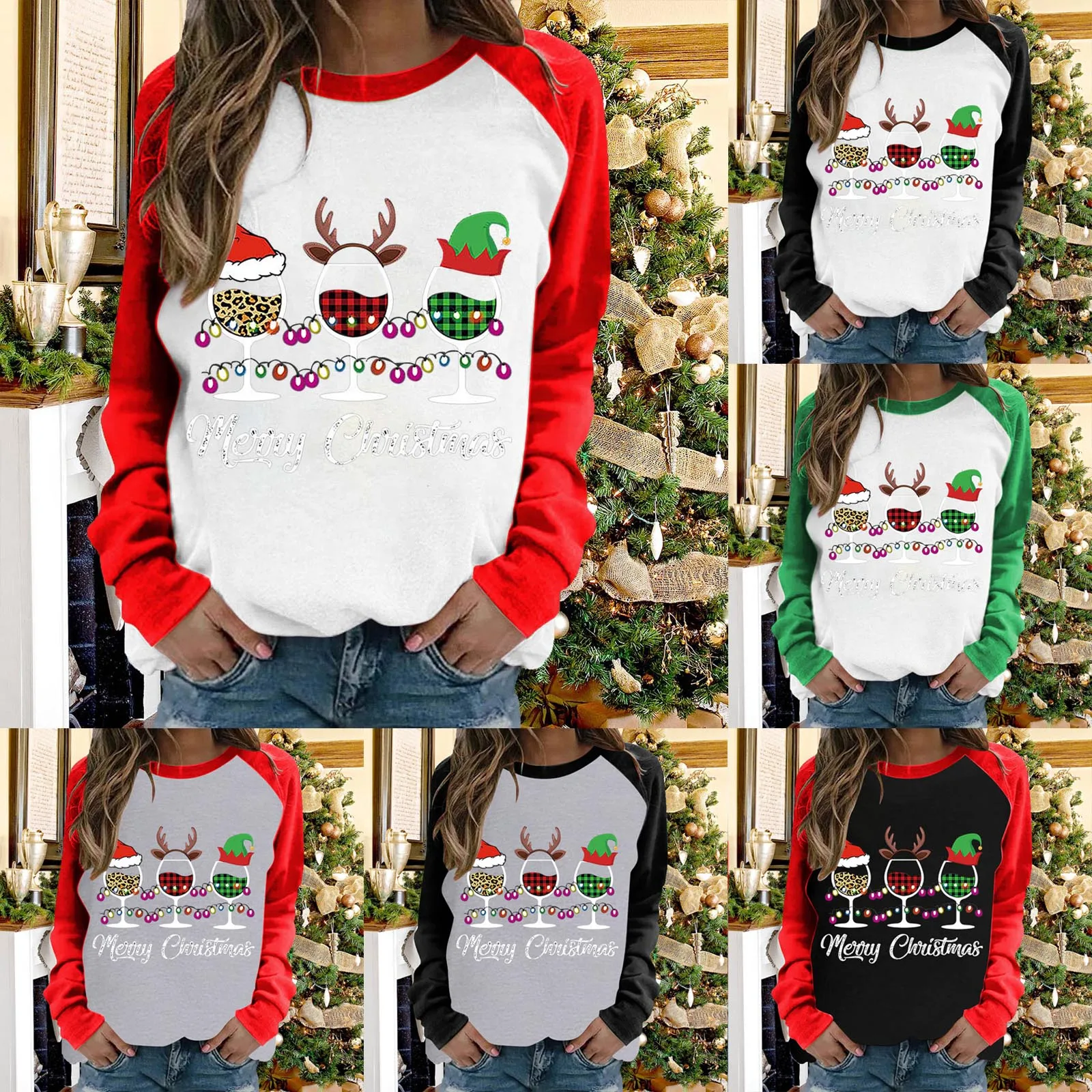 Женская модная Рождественская Футболка с принтом винного бокала, с длинным рукавом и рукавом, цветная футболка для подростков 
Женская модная Рождественская Футболка с принтом винного бокала, с длинным рукавом и рукавом, цветная футболка для подростков