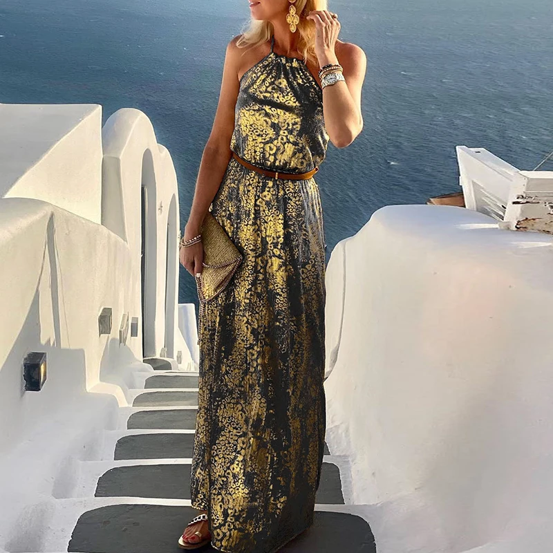 

Sexy Halter Off Shoulder Print Long Dress Summer Women Sleeveless Gilding Holiday Party Dress Casual Bohomian Beach Gown Dress