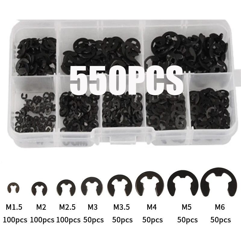 550pcs E Clip Snap Circlip Washer 65Mn Black Steel Shaft External Retaining Ring Washer for Shaft M1.5 M2 M2.5 M3 M3.5 M4 M5 M6
550pcs E Clip Snap Circlip Washer 65Mn Black Steel Shaft External Retaining Ring Washer for Shaft M1.5 M2 M2.5 M3 M3.5 M4 M5 M6