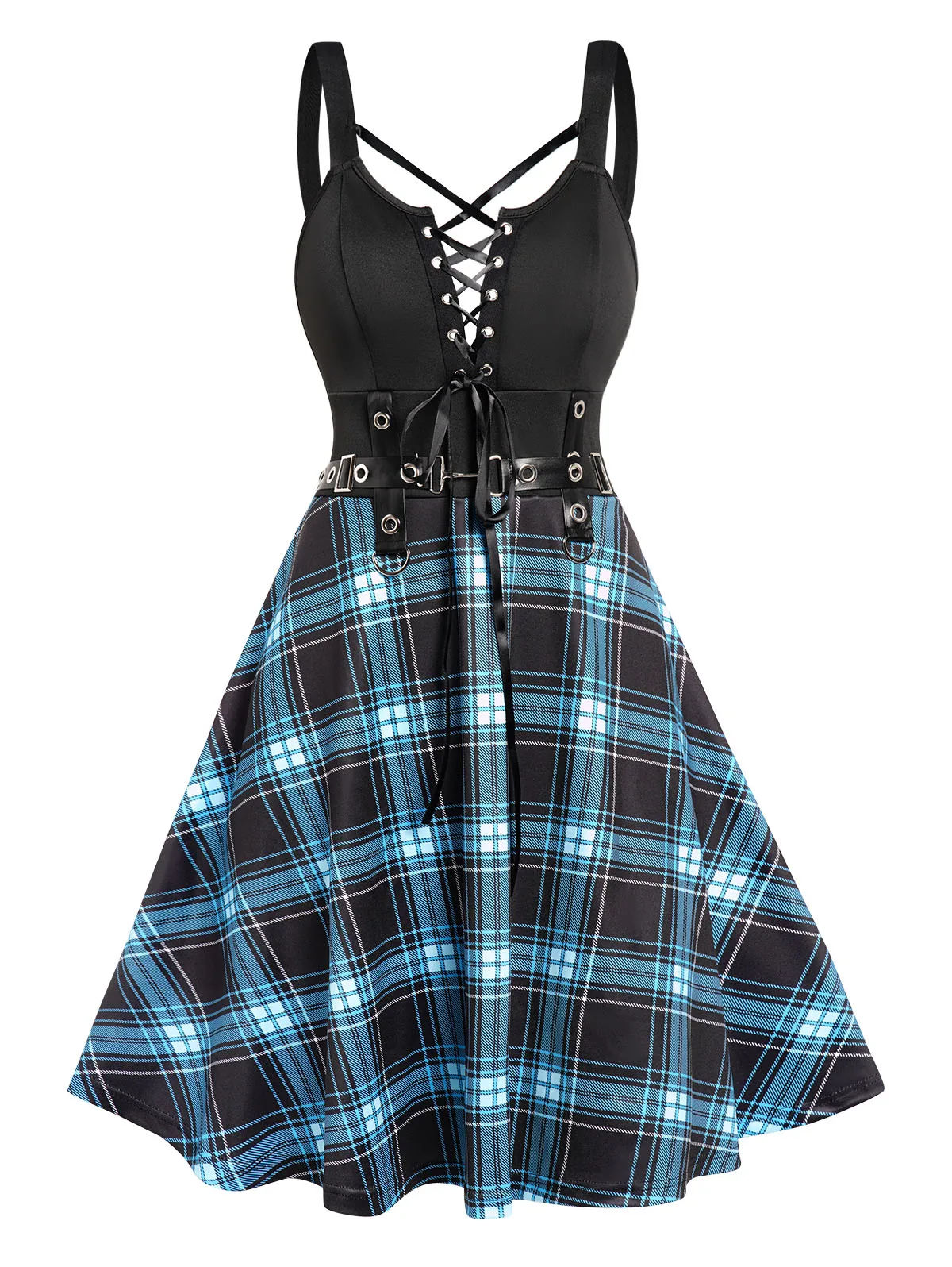 

Dressfo Gothic Plaid Print Dress Lace Up Buckle Strap Grommet High Waisted A Line Mini Vestido Feminino