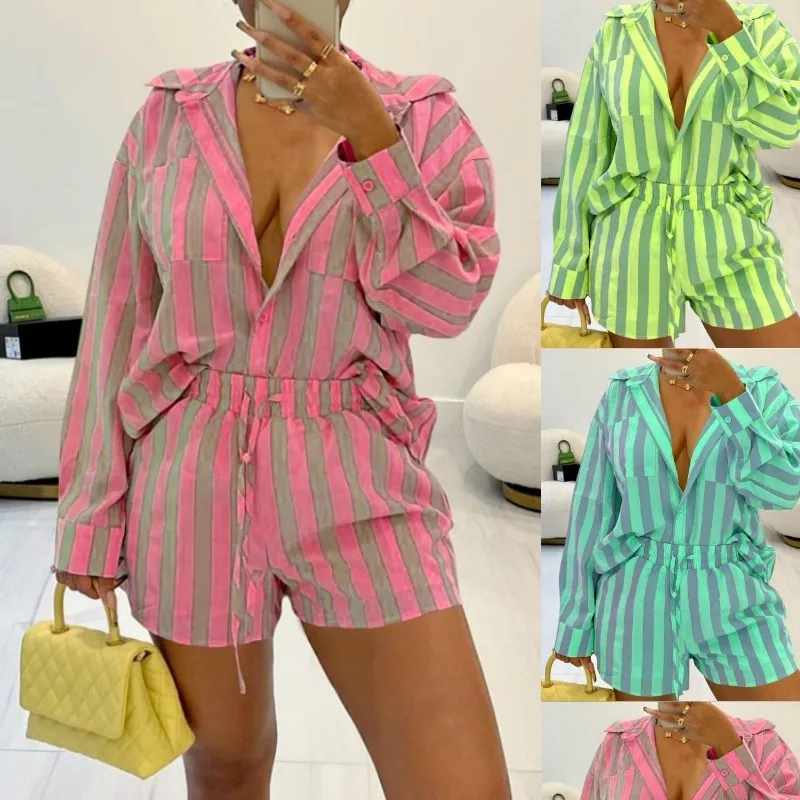 Casual Loose Striped Spring/summer Shirt Shorts Set 2023 Women's Fashion Long Sleeves Two-piece Suit Elegant 2 Peice Set Mujer 
Casual Loose Striped Spring/summer Shirt Shorts Set 2023 Women's Fashion Long Sleeves Two-piece Suit Elegant 2 Peice Set Mujer