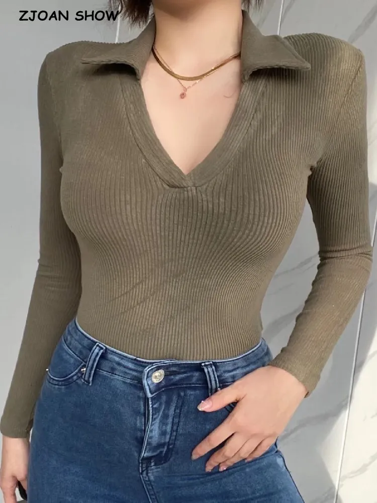 Retro Y2K Style Plain Color Rib Pullovers Lapel V Collar Crop Tee Skinny CHIC Slim Knitwear Full Sleeve T-shirts Tops Armygreen
Retro Y2K Style Plain Color Rib Pullovers Lapel V Collar Crop Tee Skinny CHIC Slim Knitwear Full Sleeve T-shirts Tops Armygreen