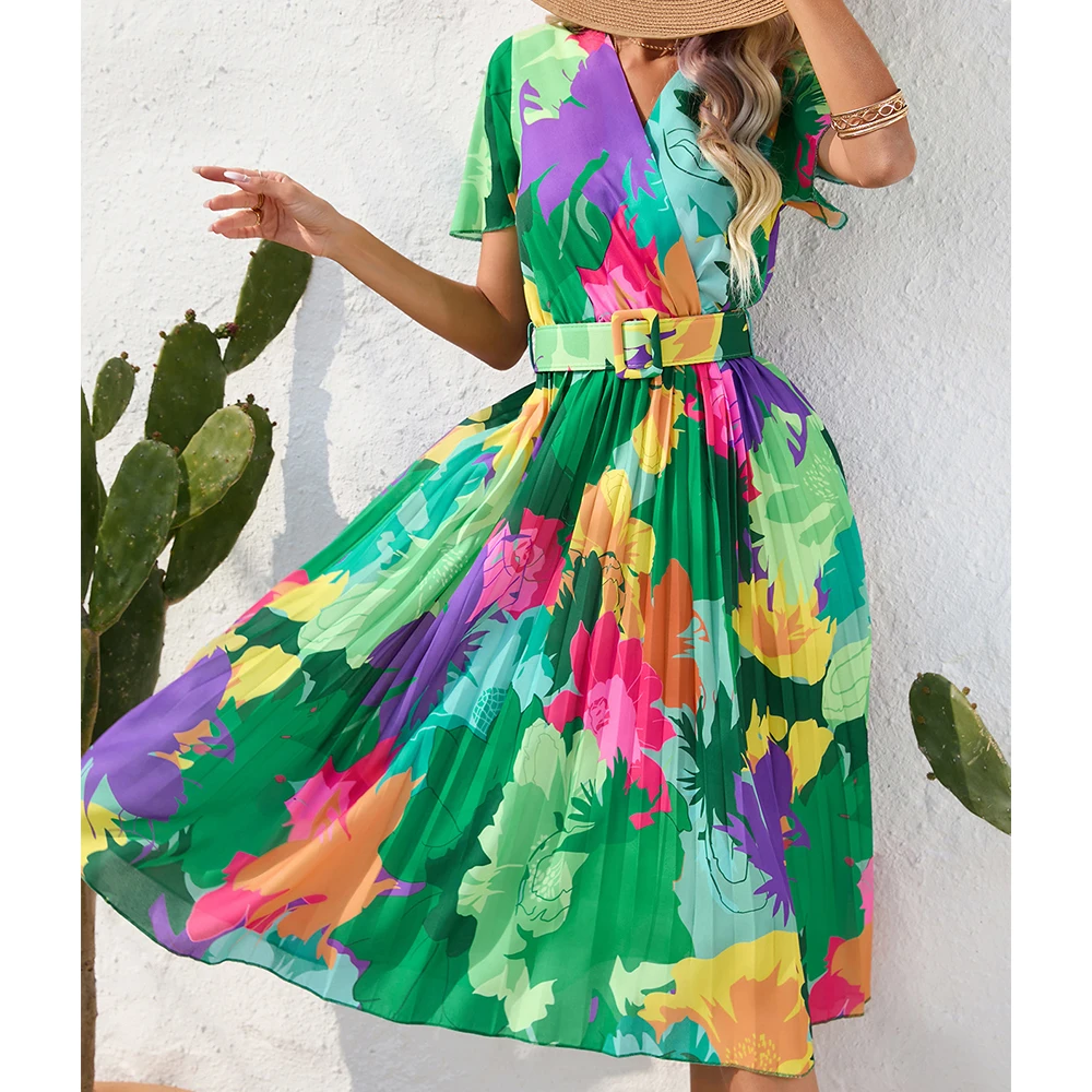 Summer Flower Print Dress Women's V-neck Short Sleeve Slim Fit Pleated Bohemian Dress Fashion Belt Beach Long Dresses for Women
Summer Flower Print Dress Women's V-neck Short Sleeve Slim Fit Pleated Bohemian Dress Fashion Belt Beach Long Dresses for Women