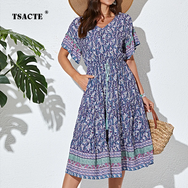 

2023 Summer New Women's Skirt V-Neck Vacation Storm Simia Fragmented Flower Dresses Large Swing Mid length Dress Women's Dresses