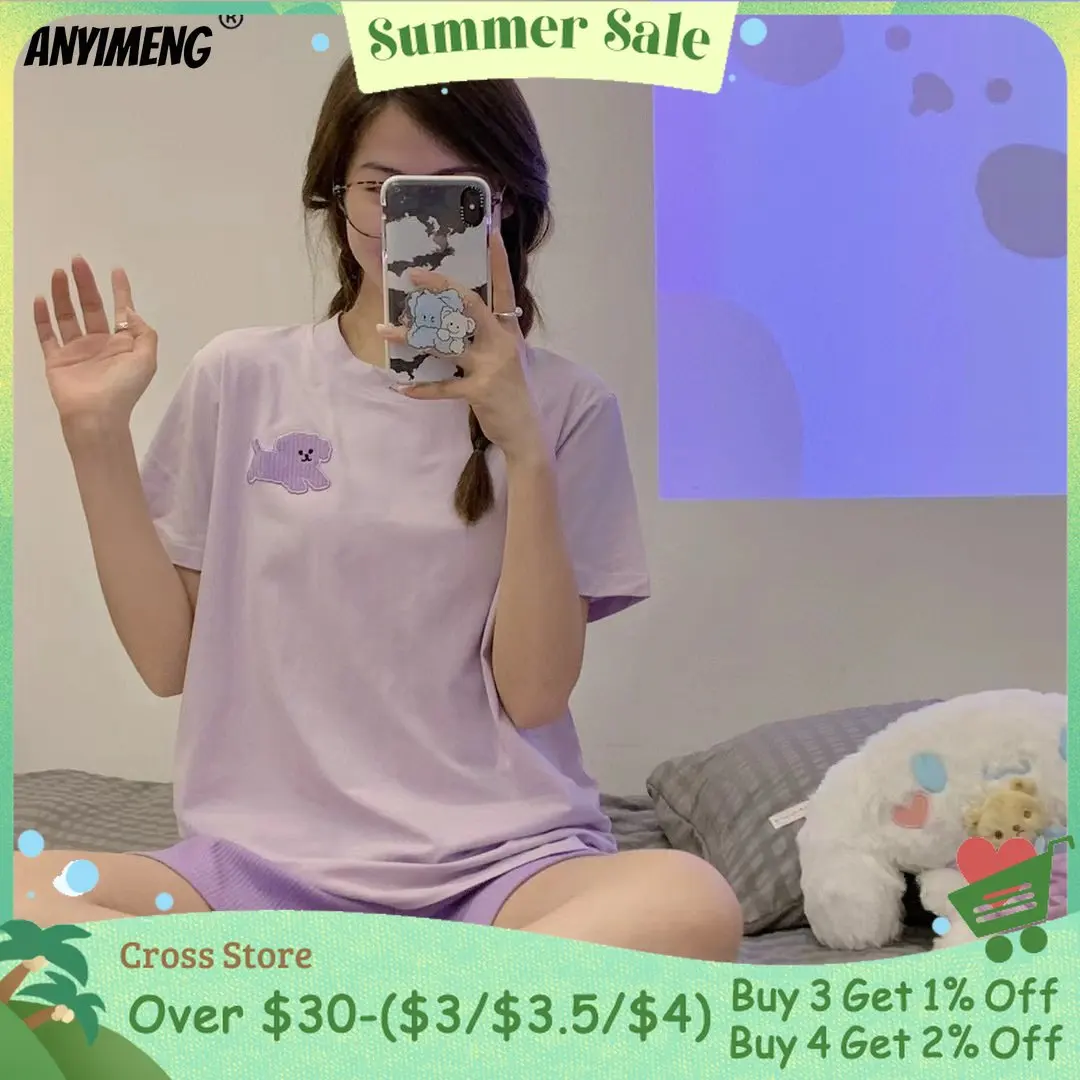 Летняя Корейская Пижама с коротким рукавом и шортами, женская пижама с принтом фиолетовой собаки, Милая женская пижама для молодых девушек
Летняя Корейская Пижама с коротким рукавом и шортами, женская пижама с принтом фиолетовой собаки, Милая женская пижама для молодых девушек