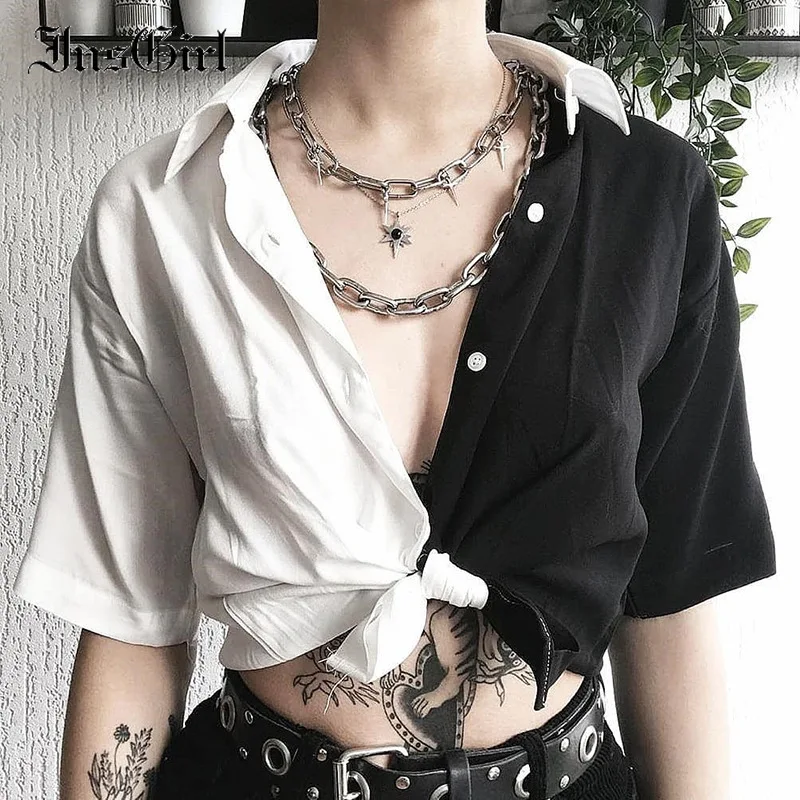 InsGirl Harajuku Punk T-shirt Female Black White Patchwork Short Sleeve Loose Tee Tops Streetwear Gothic Dark Black Tshirt Femme
InsGirl Harajuku Punk T-shirt Female Black White Patchwork Short Sleeve Loose Tee Tops Streetwear Gothic Dark Black Tshirt Femme