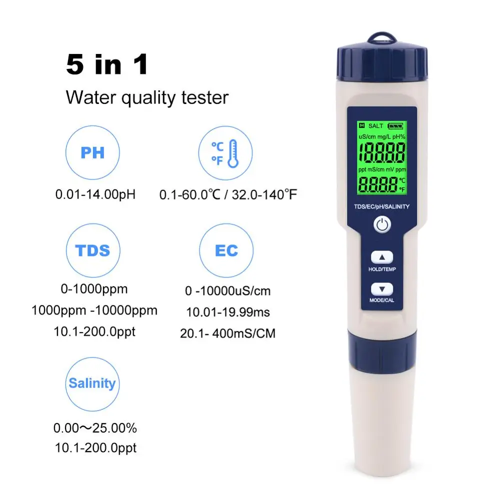 Newest 5 in 1 TDS/EC/PH/Salinity/TEMP Water Quality Tester With Electrode Replaceable Can Measured Non-sea Salinity
Newest 5 in 1 TDS/EC/PH/Salinity/TEMP Water Quality Tester With Electrode Replaceable Can Measured Non-sea Salinity