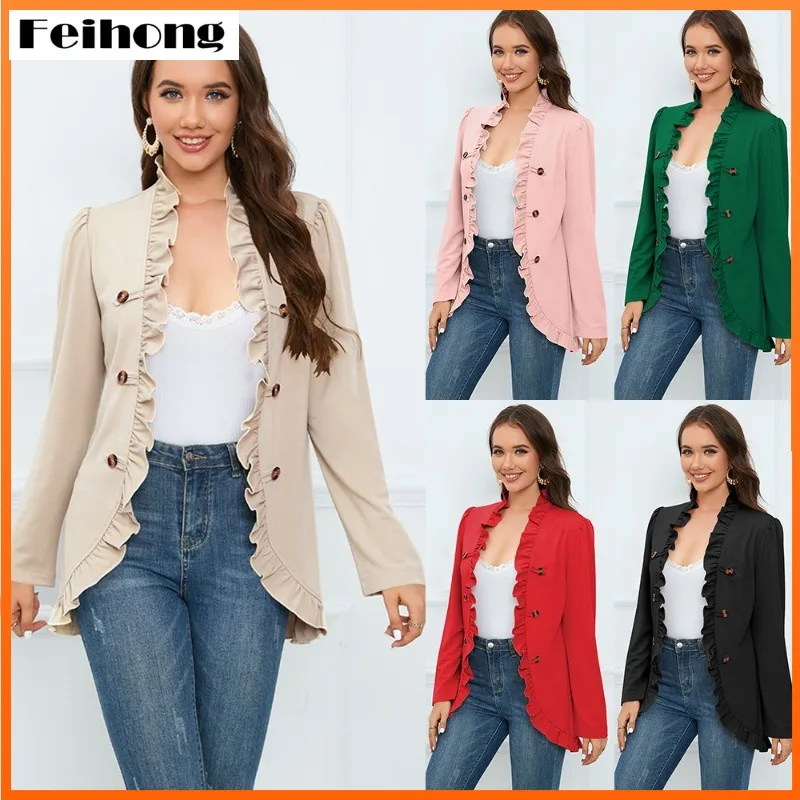 

Fashionable Women's Ruffled Placket Button Small Jacket Autumn and Winter New Long Sleeved Short Style Small Suit