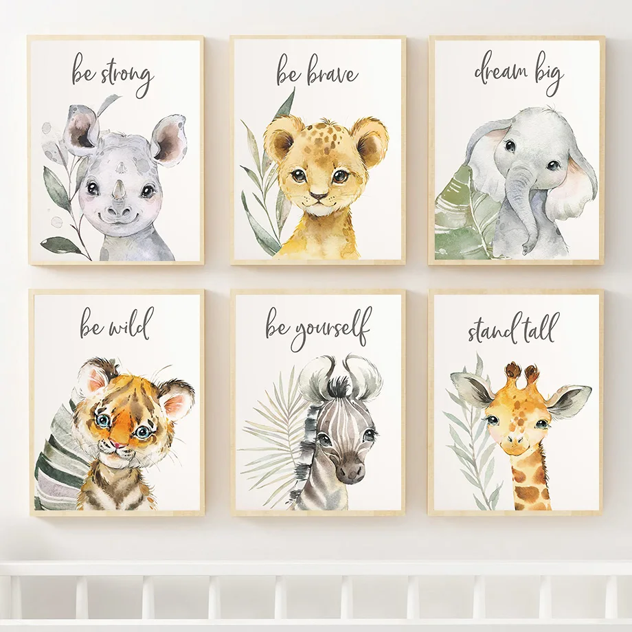 

Lion Tiger Giraffe Elephant Hippo Zebra Quotes Nursery Wall Art Baby Animals Print Canvas Painting Nordic Poster Kids Room Decor