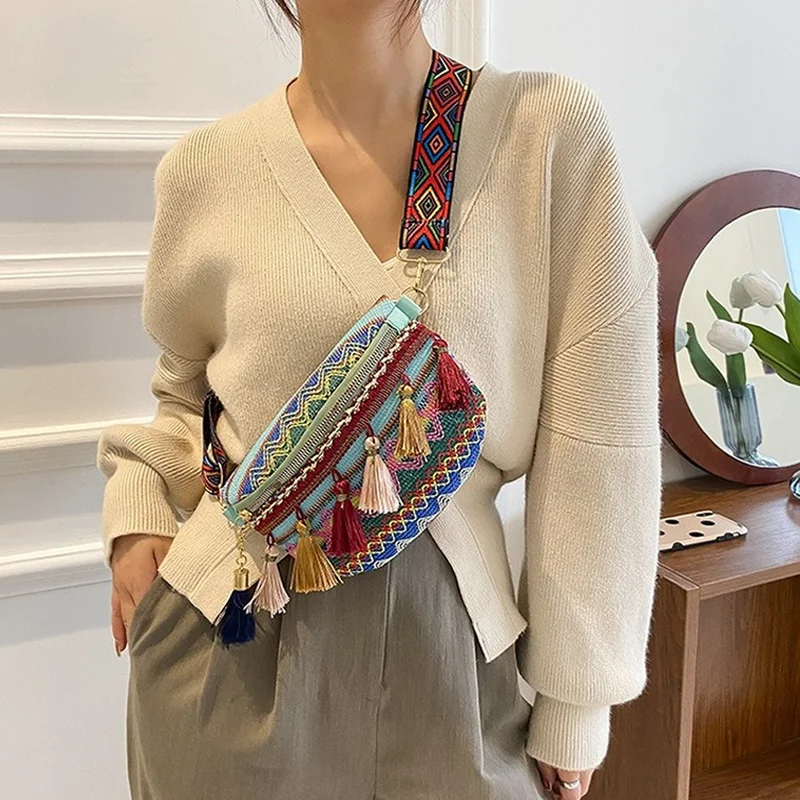 

Women Fanny Pack Folk Style Crossbody Bags Adjustable Strap Colorful Fringe Decor Fashion Waist Bag Retro Weaving Embroidery
