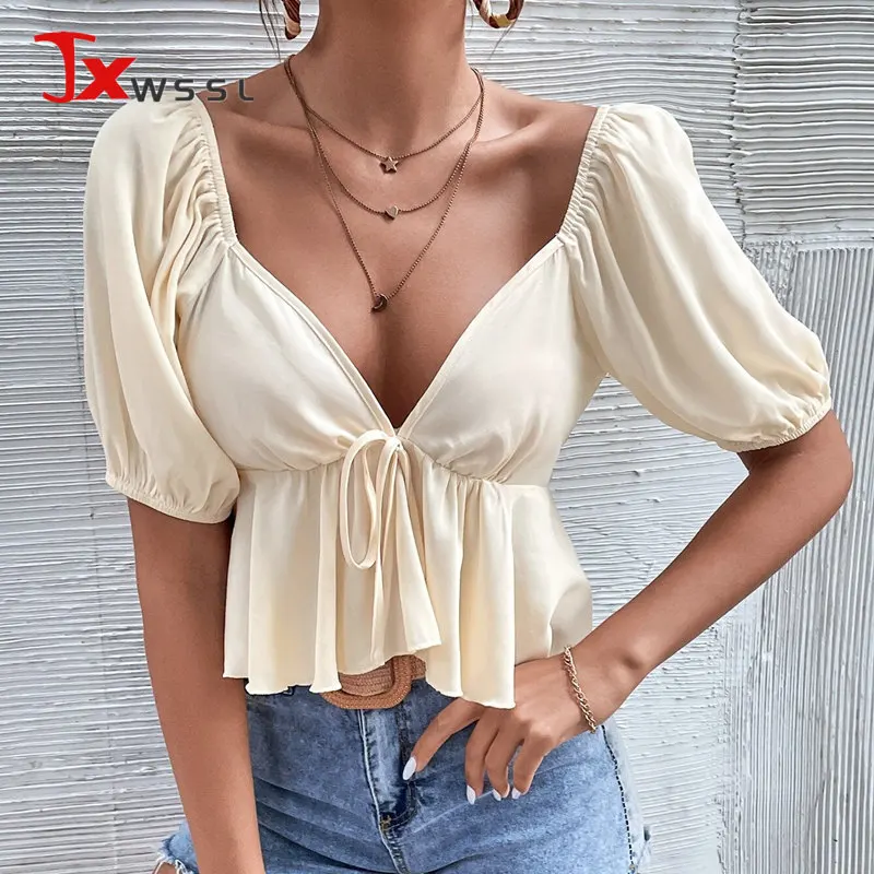 Women Blouse Vintage Summer Shirt Deep V Neck Female Ruffle Top Lace Up Backless Sexy Peplum Shirt Puff Sleeve
Women Blouse Vintage Summer Shirt Deep V Neck Female Ruffle Top Lace Up Backless Sexy Peplum Shirt Puff Sleeve