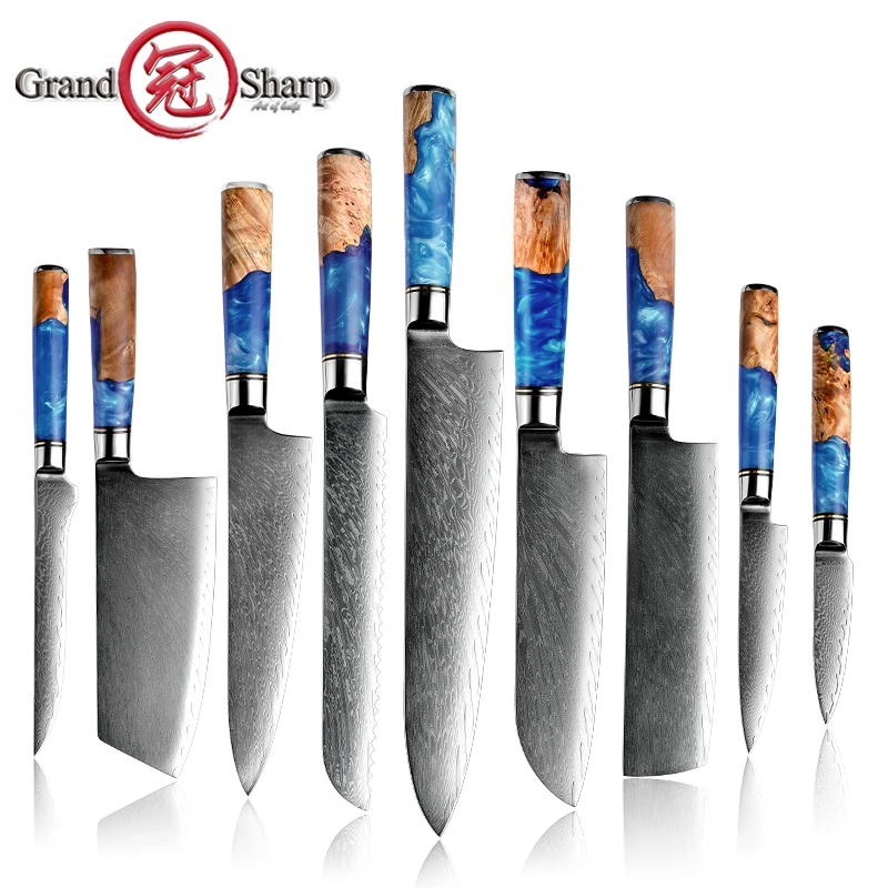 

GRANDSHARP Damascus Kitchen Knives VG10 Japanese Steel Chef Santoku Cleaver Bread Boning Utility Paring Knife Cooking Tools Hot