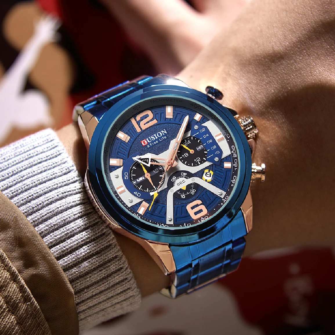 

Часы наручные мужские с хронографом, повседневные спортивные брендовые Роскошные модные в стиле милитари, полностью стальные, синие