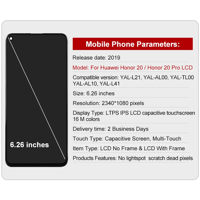 

6.26" For Huawei Honor 20 LCD Display Touch Screen Digitizer For Nova 5T Honor 20 Pro Display YAL-L21 YAL-AL10 Assembly