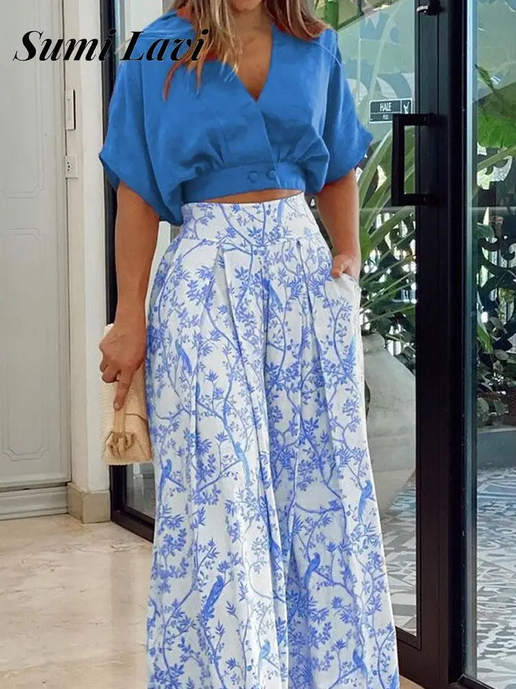 Summer V Neck Loose Top Printed Trousers Loose Sets Sexy Short Sleeve Wide Leg Pant Women Outfits Women's Office Two Piece Set
Summer V Neck Loose Top Printed Trousers Loose Sets Sexy Short Sleeve Wide Leg Pant Women Outfits Women's Office Two Piece Set