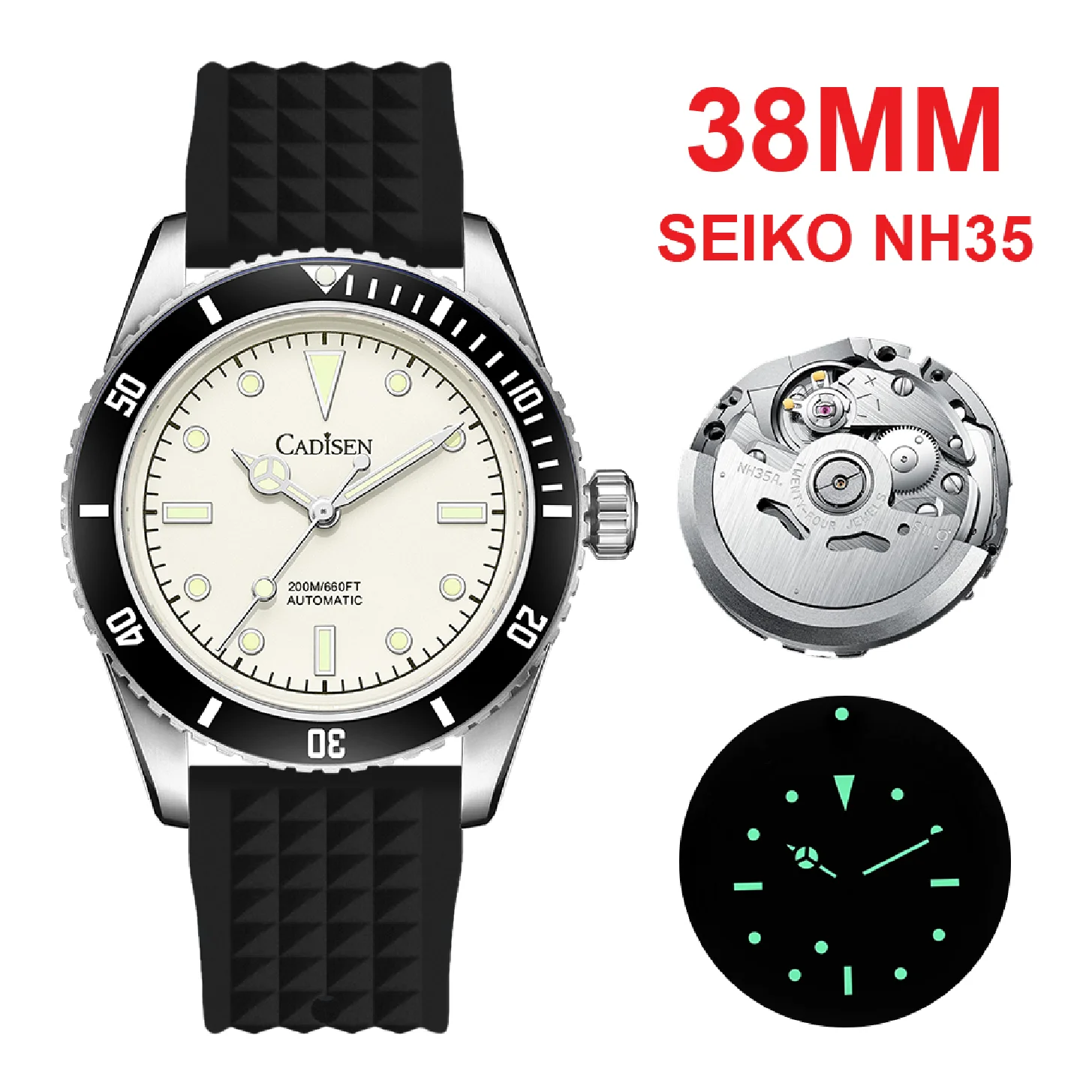 

CADISEN 38mm Luxury Men Diver Watch Business NH35A Automatic Mechanical Wristwatches Sapphire Rubber Strap 20 Bar Luminous