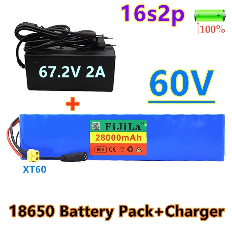 

60v 28ah 16s2p 18650 li-ion bateria 67.2v 28000mah ebike bicicleta elétrica scooter com bms 1000watt xt60 plug com + carregador