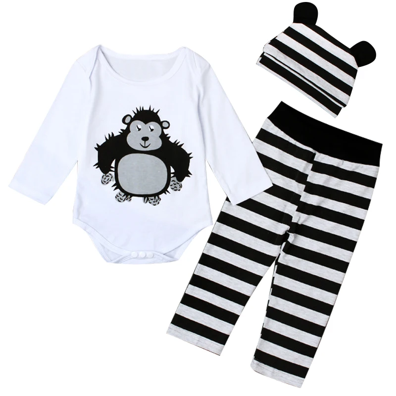

3Piece Spring Fall Newborn Boy Clothes Girls Outfit Sets Cartoon Cute Print Long Sleeve Bodysuit+Pants+Hat Baby Clothing BC1006
