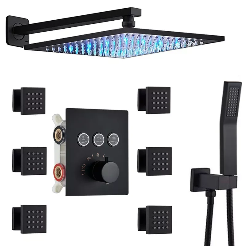 Black LED Thermostatic Shower Faucet LED Rainfall Shower 3-way Thermostatic Mixer Brass Shower Faucet Fixture Combo Set
Black LED Thermostatic Shower Faucet LED Rainfall Shower 3-way Thermostatic Mixer Brass Shower Faucet Fixture Combo Set