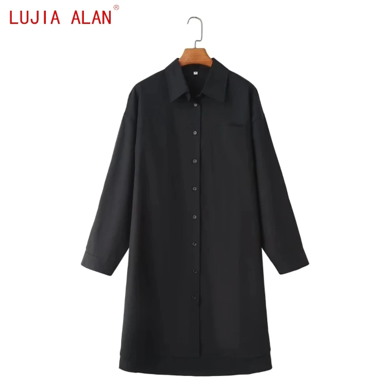 

New Women Single Pocket Poplin Shirt Female Long Sleeve Blouse Casual Turndown Collar Loose Tops 2 Colors LUJIA ALAN B2826