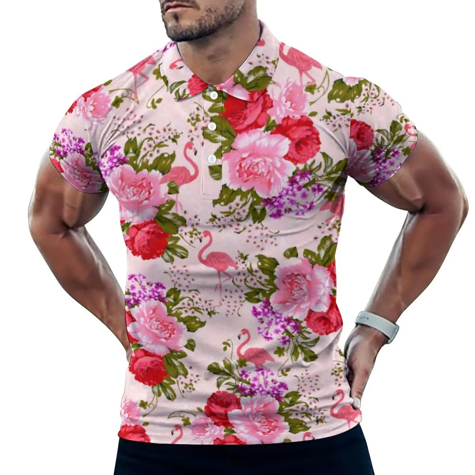 

Повседневные футболки с тропическим принтом в стиле барокко, винтажная рубашка-поло с розовыми розами, Мужская Уличная одежда, рубашка с гр...