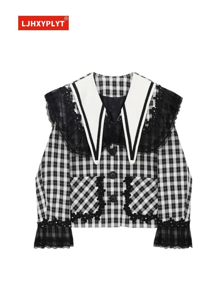 Lace Stitching Plaid Navy Collar Short Jacket Women's Spring And Autumn New Design Flower Edge Pocket Loose Outerwear Female
Lace Stitching Plaid Navy Collar Short Jacket Women's Spring And Autumn New Design Flower Edge Pocket Loose Outerwear Female
