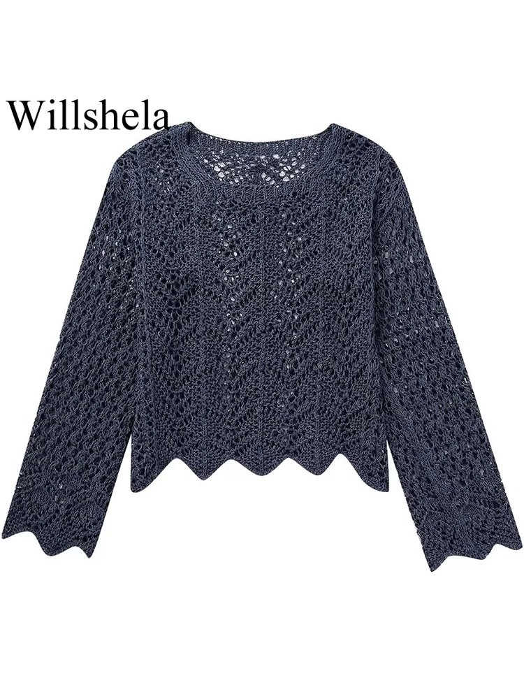 Willshela Women Fashion Navy Blue Hollow Out Knitted Sweater Vintage O-Neck Long Sleeves Female Chic Lady Tops
Willshela Women Fashion Navy Blue Hollow Out Knitted Sweater Vintage O-Neck Long Sleeves Female Chic Lady Tops