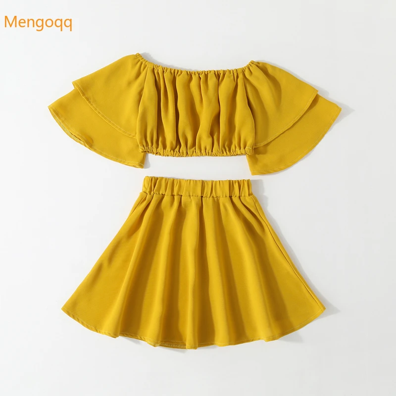 

Mengoqq Kids Baby Girls Summer Flare Sleeve Tiered Top T-shirts Solid Pleat Skirts Children Clothing Set 2pcs Fashion 2-7Y