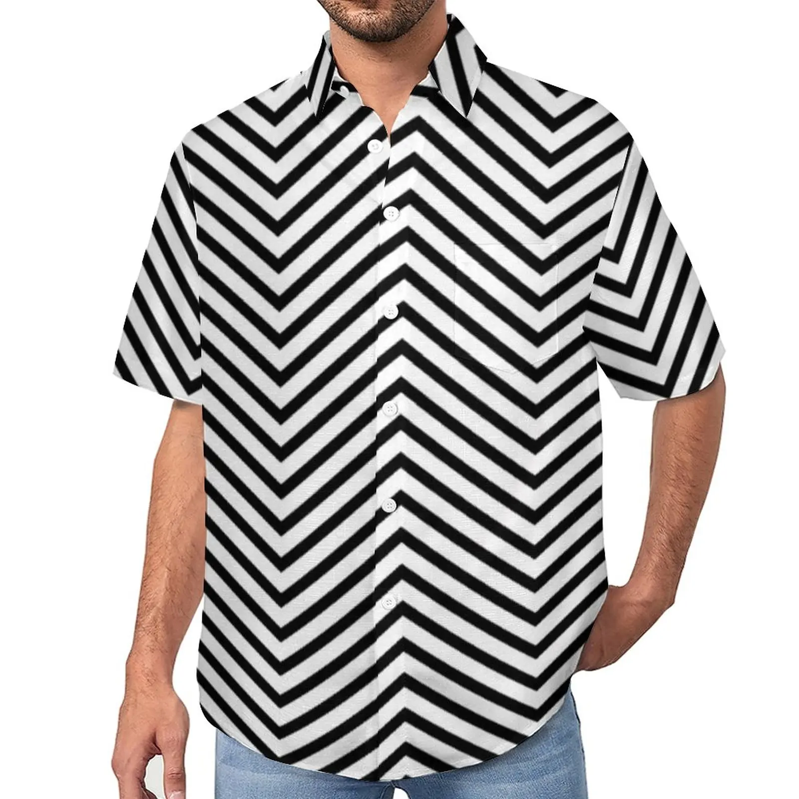 

Black Nordic Lines Casual Shirt Minimal Zig Zag Beach Loose Shirt Hawaiian Vintage Blouses Short Sleeve Graphic Oversized Top