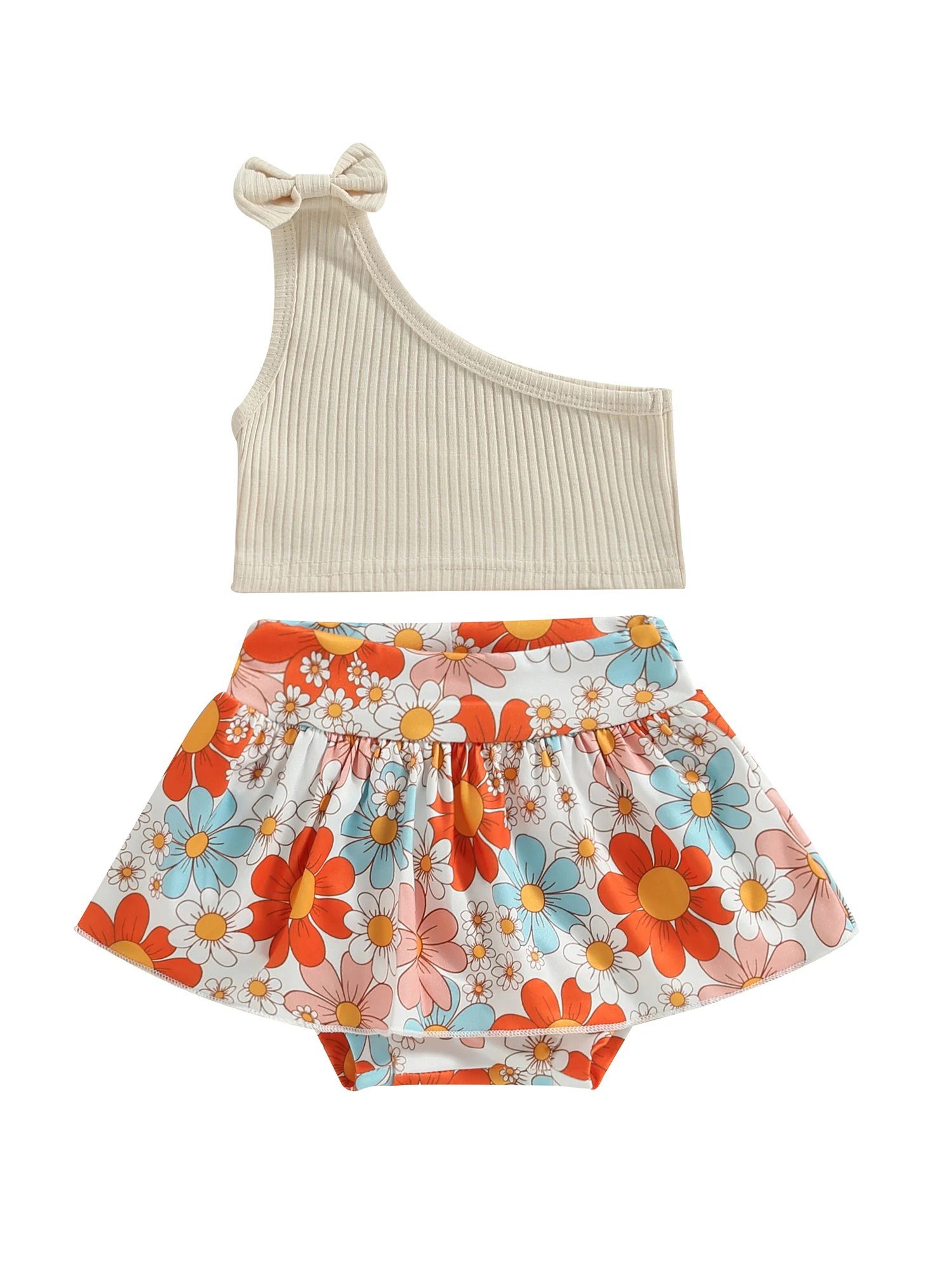 

Летняя одежда для маленьких девочек, однотонный укороченный топ на одно плечо в рубчик, шорты с цветочным принтом в стиле бохо, комплект оде...