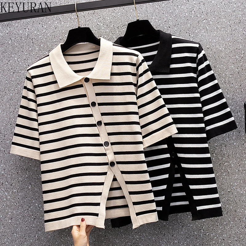 Plus Size Summer Short Sleeve Striped Sweater Women Knitted T-Shirts Oversize Casual LooseTurn-down Collar Ice Silk Knitwear Top 
Plus Size Summer Short Sleeve Striped Sweater Women Knitted T-Shirts Oversize Casual LooseTurn-down Collar Ice Silk Knitwear Top