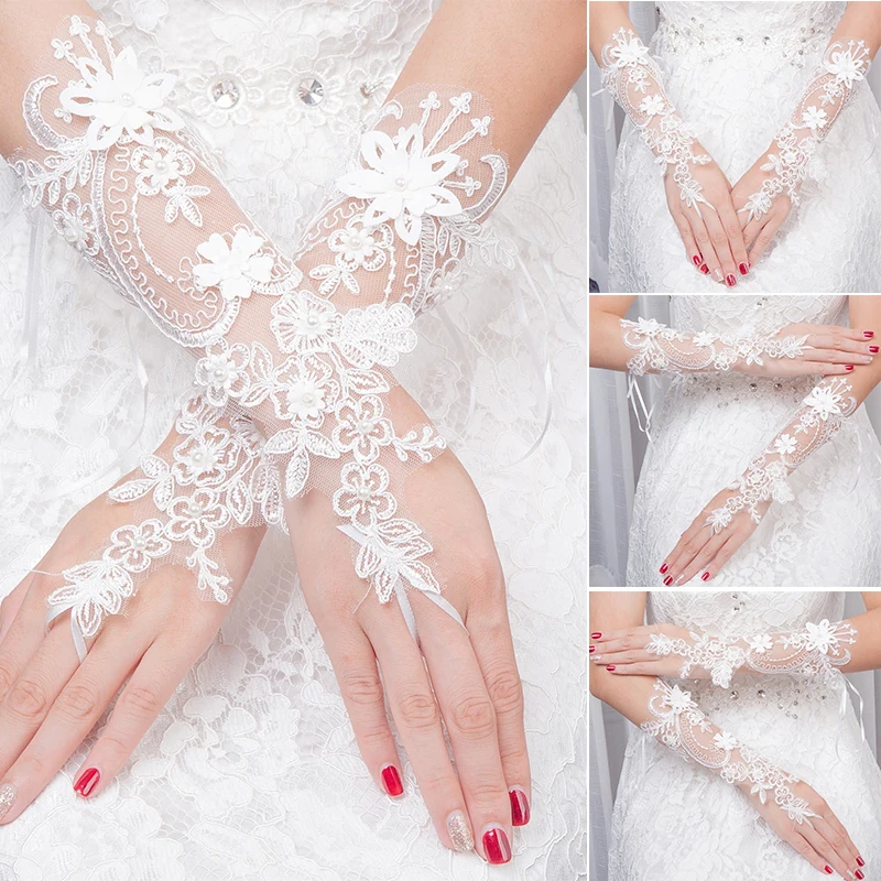 

Женские свадебные перчатки без пальцев, 1 пара, кружевные перчатки из искусственного жемчуга с цветочной аппликацией и бантом, классические...